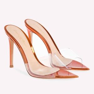 Gianvitto Rossi Plexi clear metallic mango orange Elle mule Sandals heels 35.5